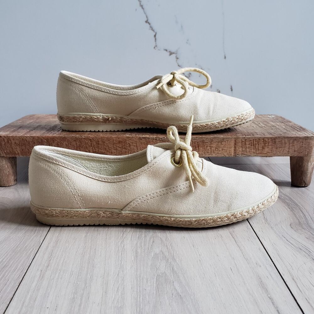 Truffles Sneakers Womens 7.5 Ivory Espadrille Lace Up Canvas Shoes Casual Shoes